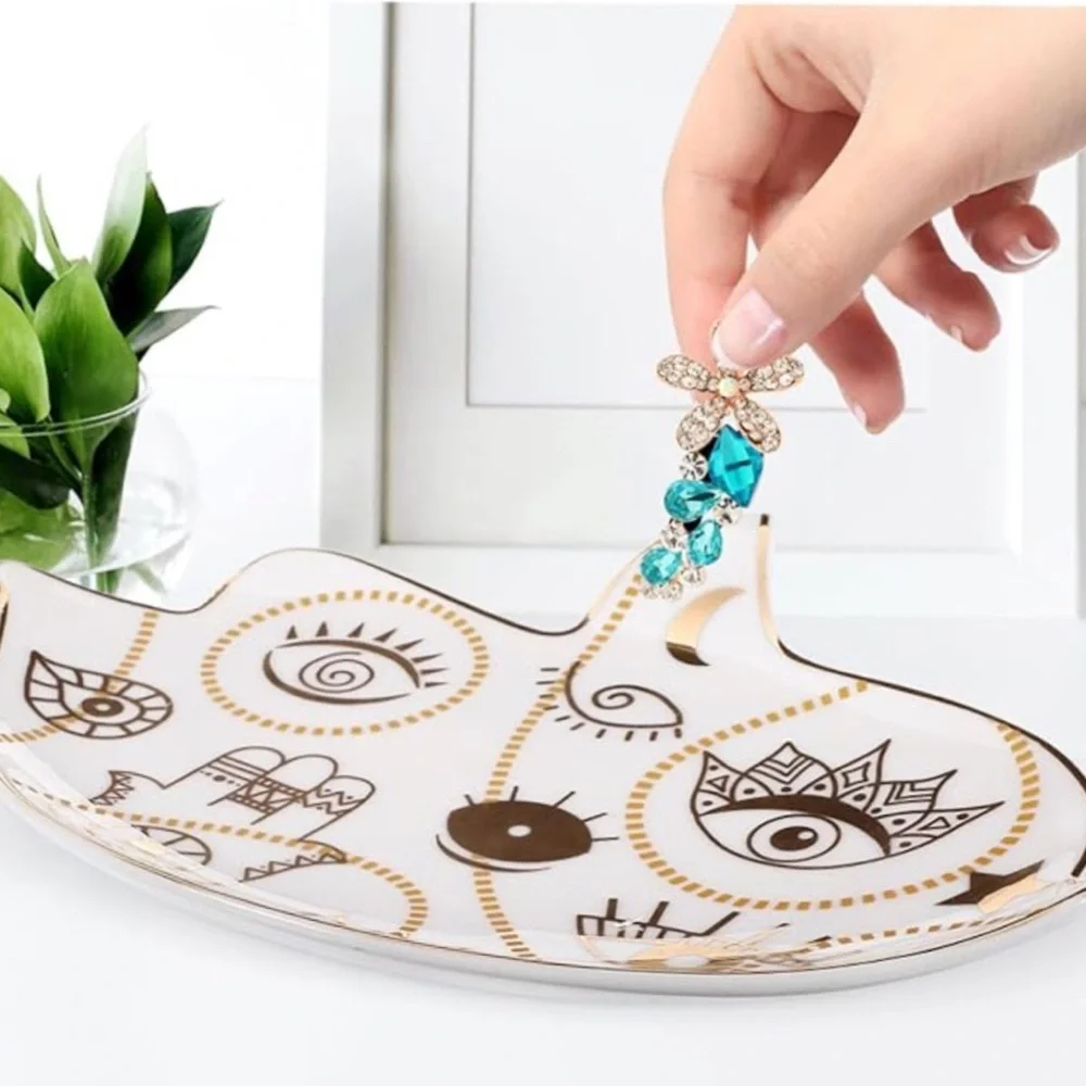 New Ceramic Hamsa Hand Evil Eye Gold Illustrative Jewelry Tray ~ Trinket Tray - Picture 5 of 12